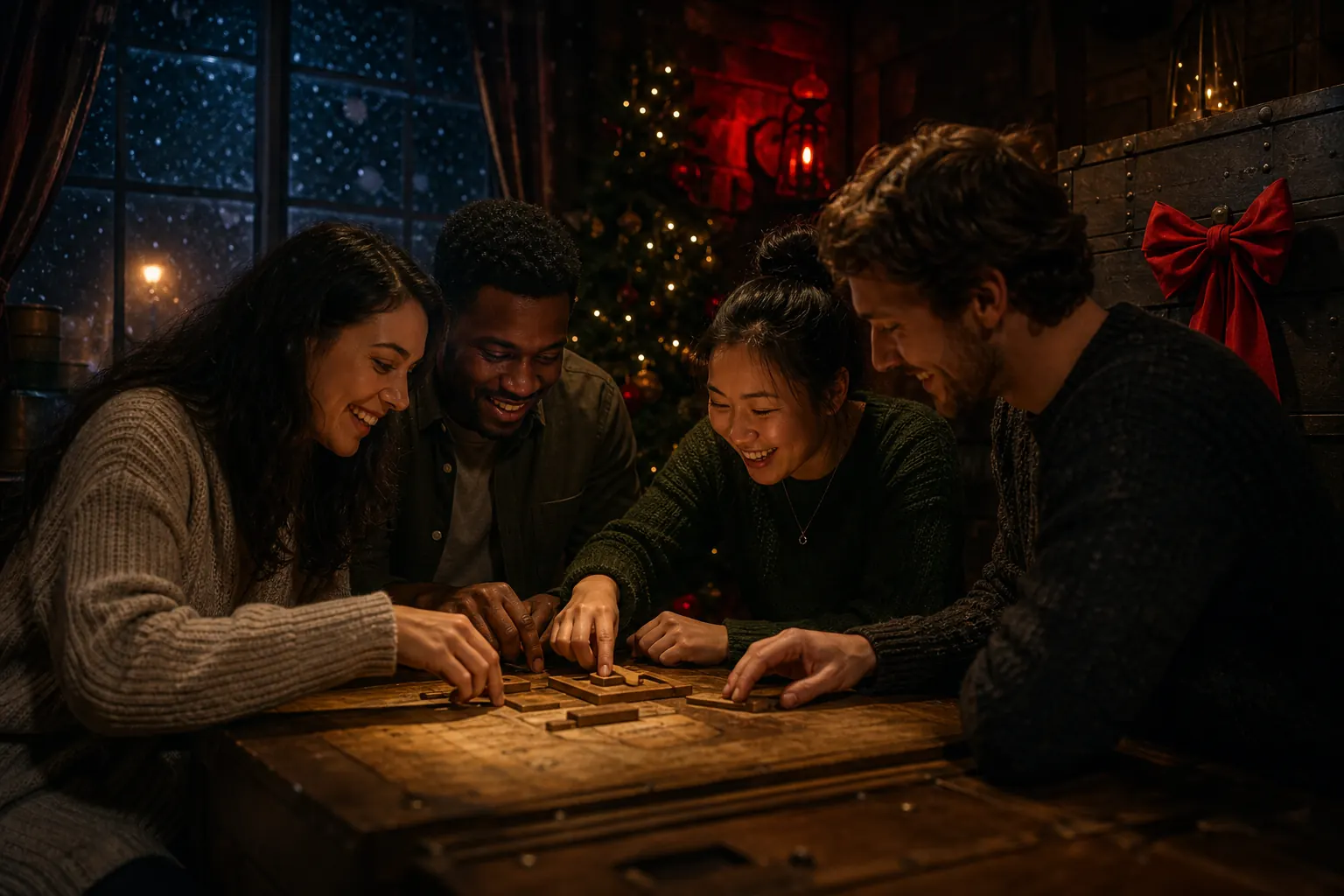 A festive group solving an escape room puzzle at Treforest for a Christmas party