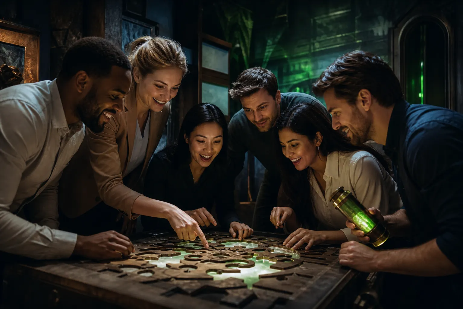 A team solving puzzles together in an escape room at Treforest near Cardiff