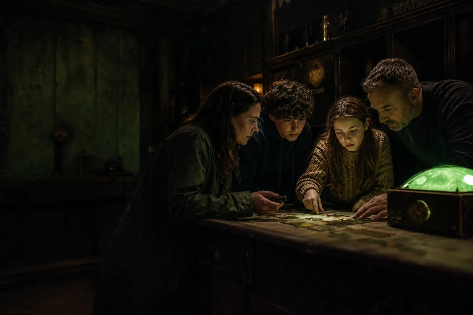 A family solving puzzles together in a live escape room at Treforest near Cardiff